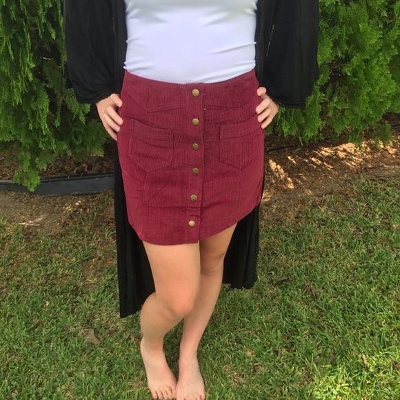 Corduroy Button Front Skirt- Wine - Picture 3 of 4